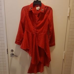 Labe Ritu Kumar Women Red Sheer Stripe Rhinestone Collar Long Sleeve Top XS New.